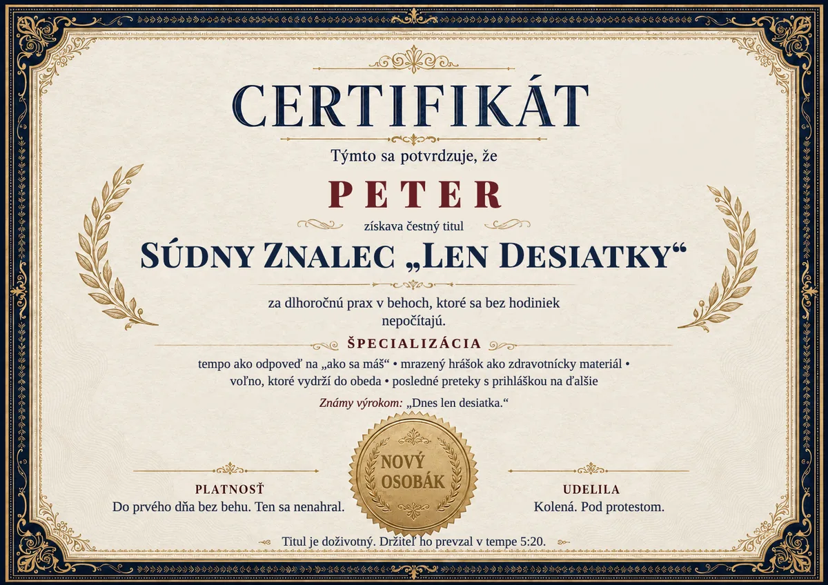Ukážka certifikátu pre bežca: SÚDNY ZNALEC „LEN DESIATKY“