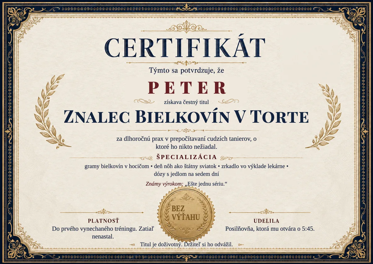 Ukážka certifikátu pre fitnesáka: ZNALEC BIELKOVÍN V TORTE