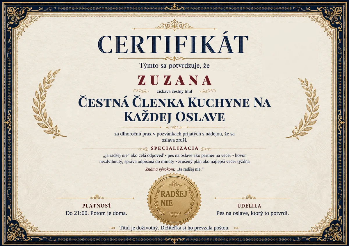 Ukážka certifikátu pre introvertku: ČESTNÁ ČLENKA KUCHYNE NA KAŽDEJ OSLAVE