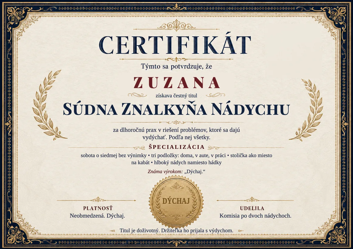Ukážka certifikátu pre jogínku: SÚDNA ZNALKYŇA NÁDYCHU