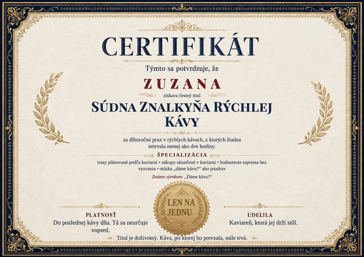 Ukážka certifikátu pre kávičkárku: SÚDNA ZNALKYŇA RÝCHLEJ KÁVY