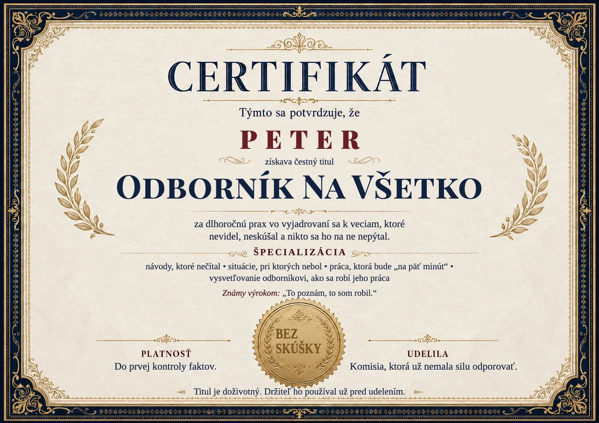 Ukážka certifikátu pre majstra sveta: ODBORNÍK NA VŠETKO