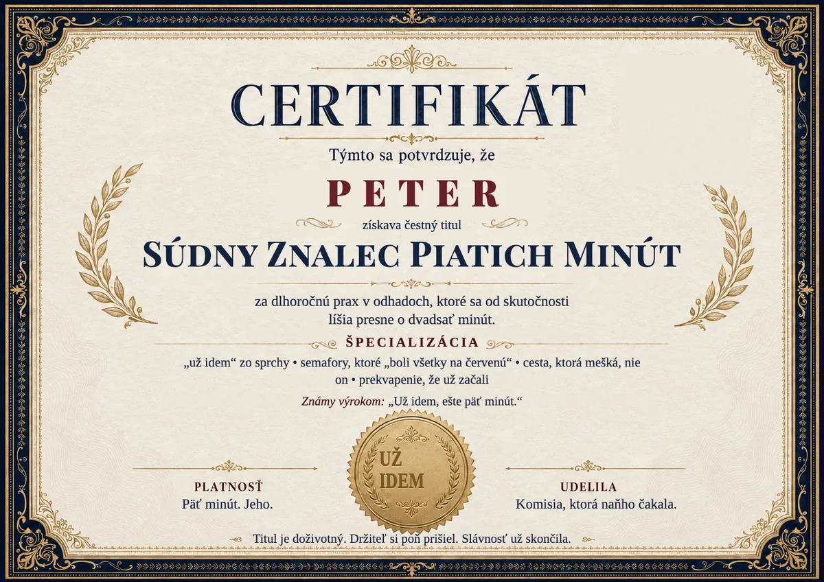 Ukážka certifikátu pre večného meškáča: SÚDNY ZNALEC PIATICH MINÚT