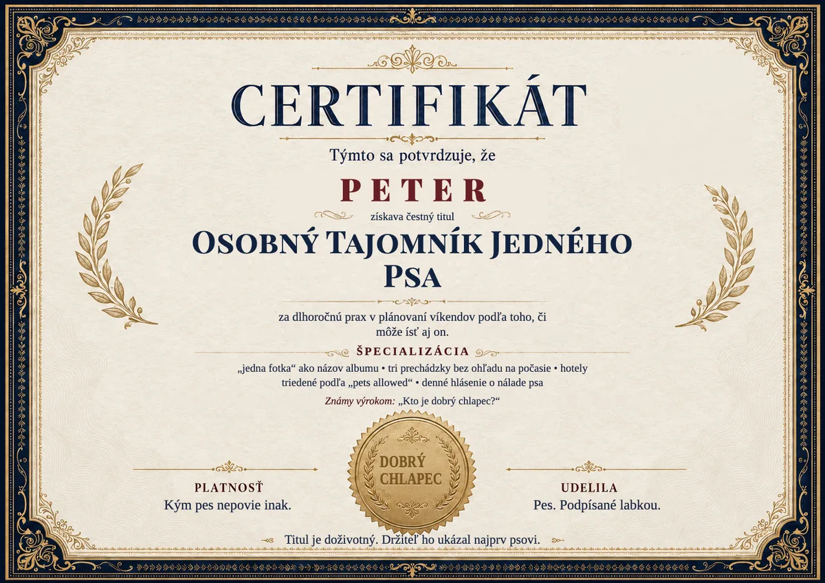 Ukážka certifikátu pre psíčkara: OSOBNÝ TAJOMNÍK JEDNÉHO PSA