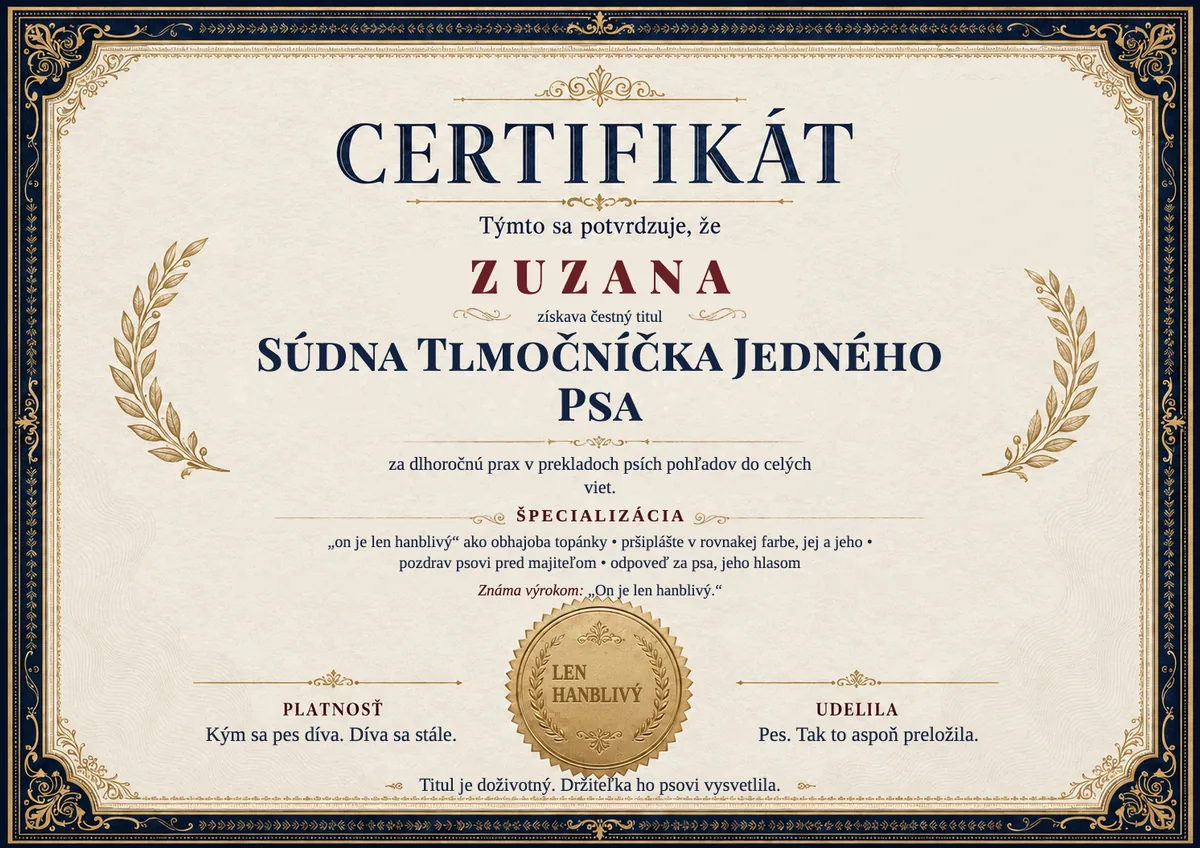 Ukážka certifikátu pre psíčkarku: SÚDNA TLMOČNÍČKA JEDNÉHO PSA