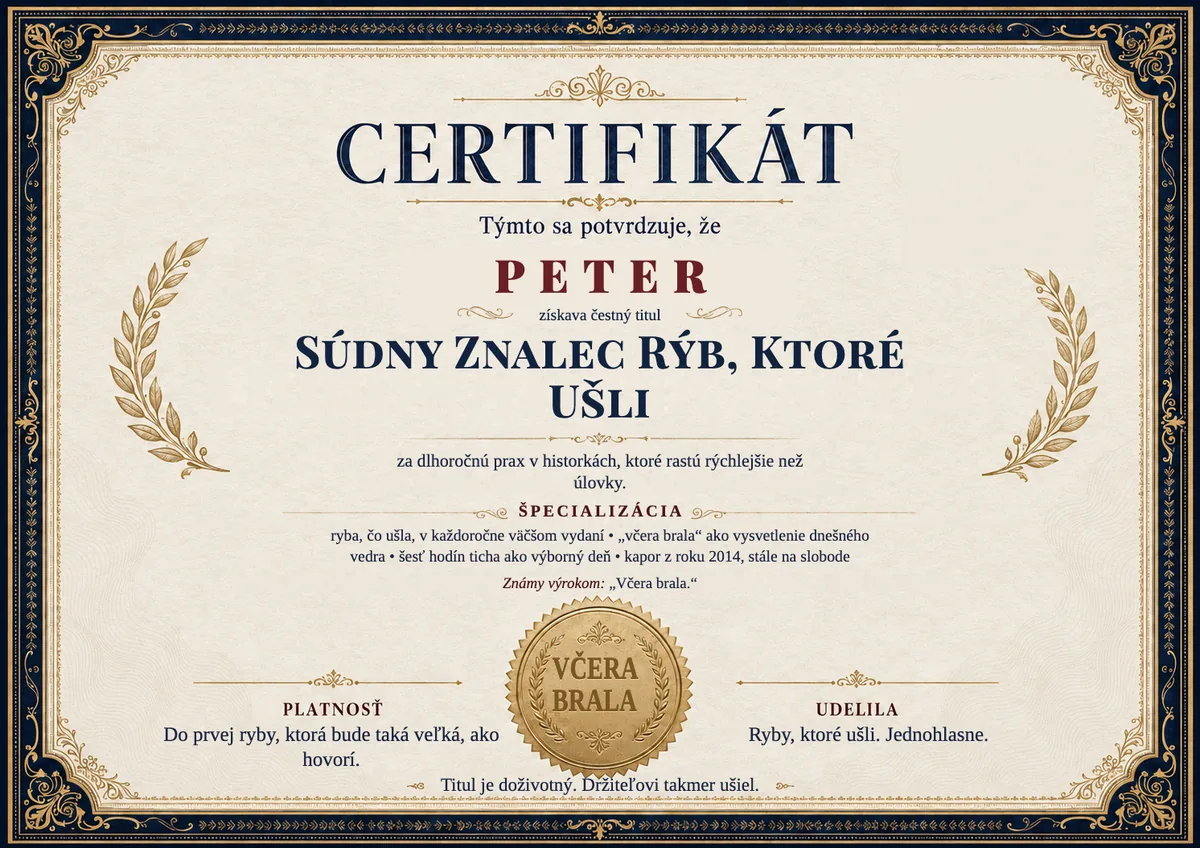 Ukážka certifikátu pre rybára: SÚDNY ZNALEC RÝB, KTORÉ UŠLI