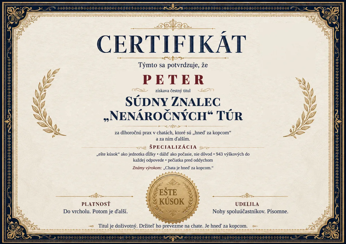 Ukážka certifikátu pre turistu: SÚDNY ZNALEC „NENÁROČNÝCH“ TÚR